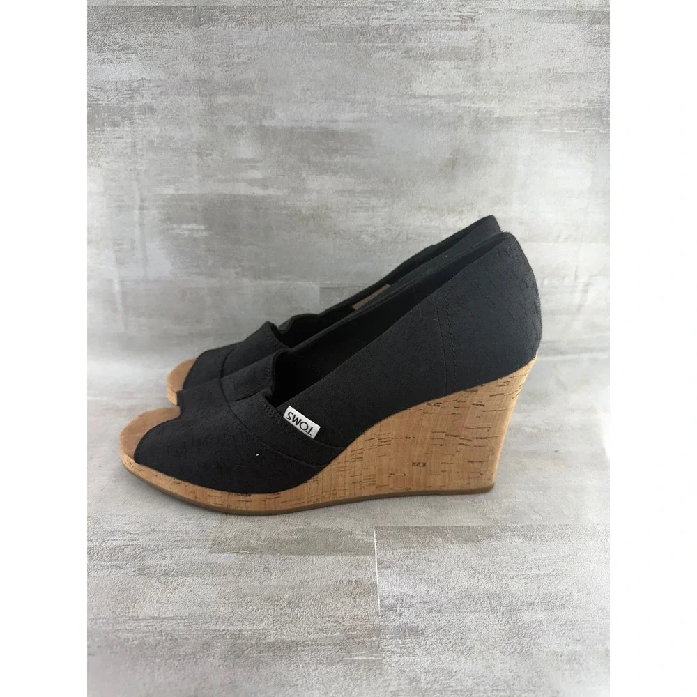 TOMS Women Black Canvas Peep Toe Cork Wedge Sandals Platform Shoes Sz 9.5